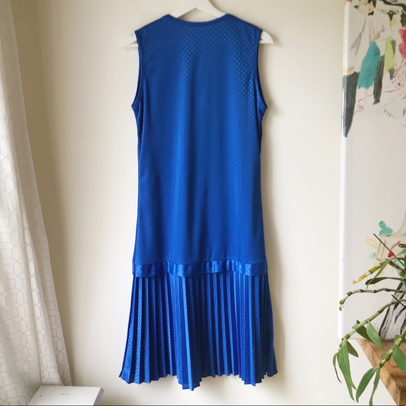 Blue midi dress with lower pleated skirt and tonal diamond design - Picture 7 of 7